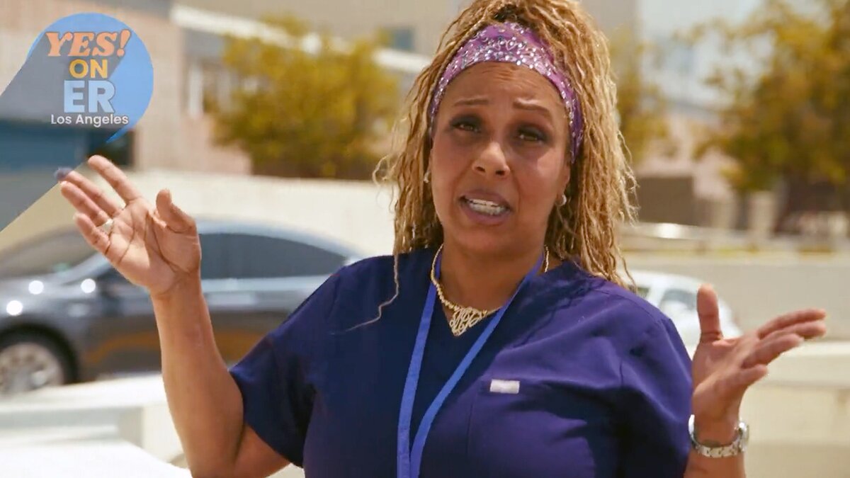 Still from a Yes on ER ad featuring SEIU 721 nurse Montique Thompson