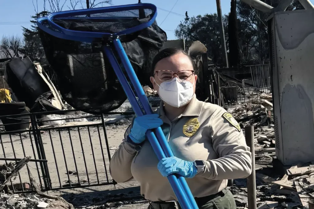 ElizabethDiaz Animal Control officer with big net amidst rubble from fire.