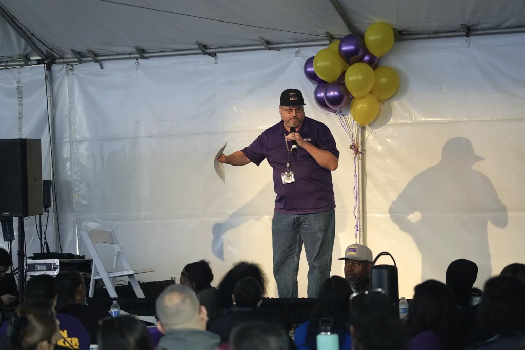 A lead union organizer speaks with LA County members.