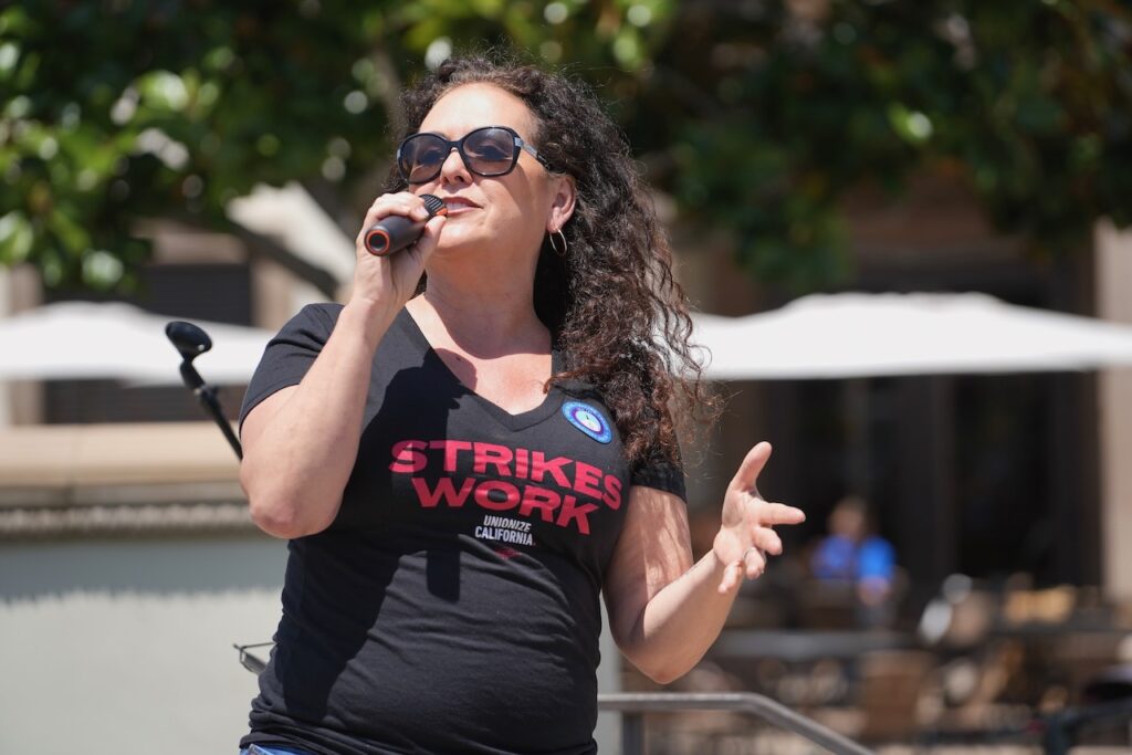 Lorena Gonzalez speaking at a rally