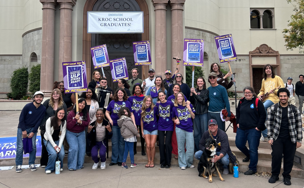 USD NTT Faculty Union members holding picket signs saying ULP Strike Ready
