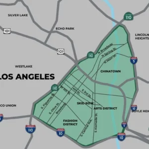 A map with boundaries of LA City Downtown LA Curfew. The shaded area where the curfew is in effect is: Area bounded by the 5, 10 and 110 freeways to the 110 freeway and the 10 freeway to where the 110 freeway and 5 freeway merge.