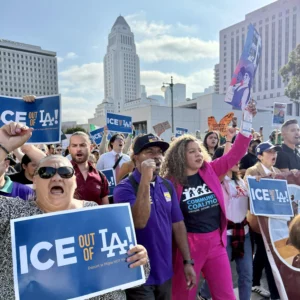 Protesters holding signs in front of LA City Hall.