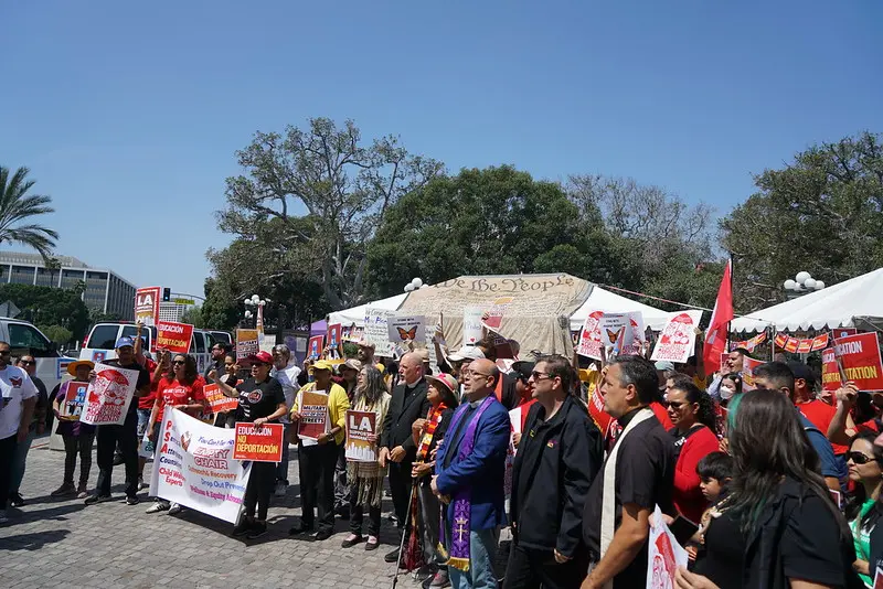 Hundreds attend the "Summer of Resistance" launch in downtown Los Angeles at La Placita Olvera.