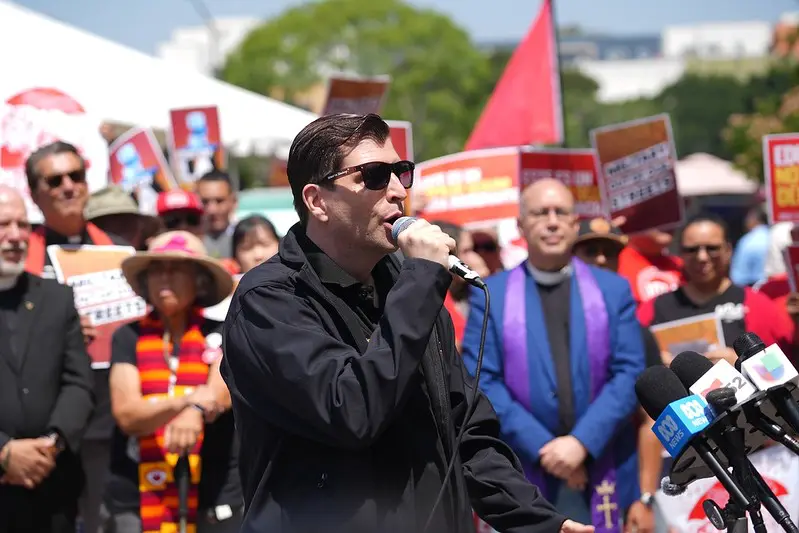 SEIU 721 Executive Director and President David Green addresses attendees of the "Summer of Resistance" launch in downtown Los Angeles.