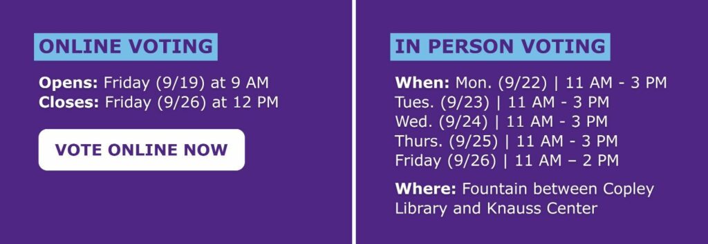 Online voting opens on Friday at 9/19 at 9AM and closes on Friday 9/26 at 12PM. In person voting starts on Monday 9/22 at 11AM and ends on Friday 9/26 at 2PM. You can vote at the fountain between Copley Library and Knauss Center.