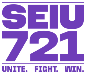 SEIU 721 logo in purple color. The log features the tagline: Unite. Fight. Win.