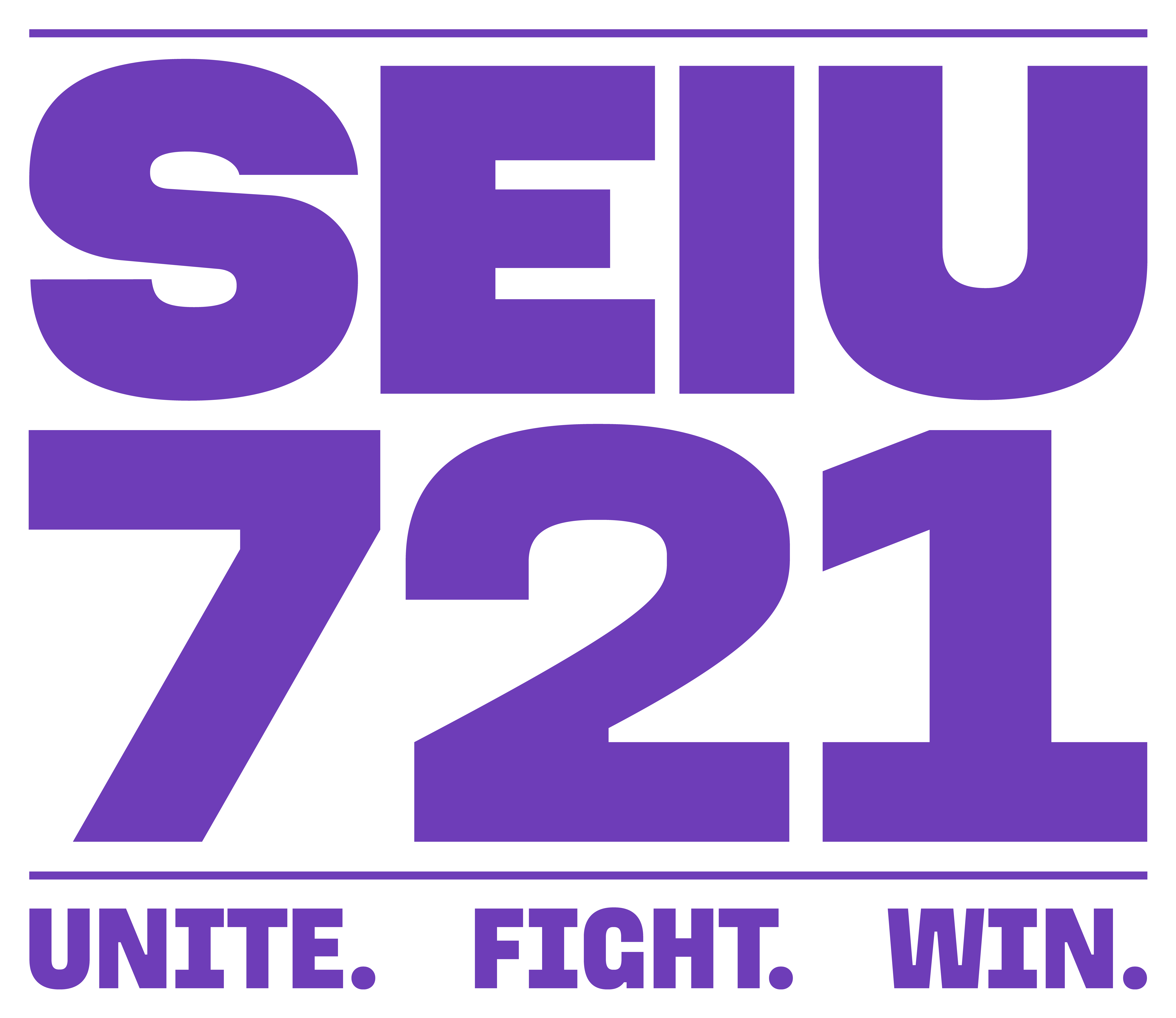 SEIU 721 logo in purple color. The log features the tagline: Unite. Fight. Win.